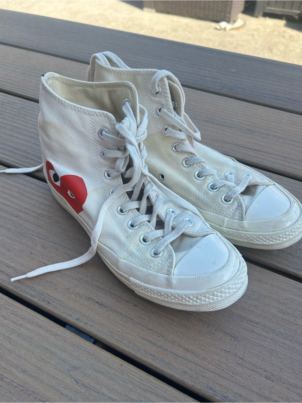 Comme des Garcons White High-Top Sneakers with Red Heart Graphic